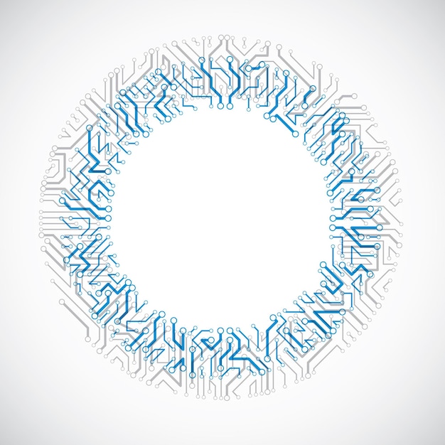 Ilustración colorida de placa de circuito de computadora abstracta de vector, elemento de tecnología redondo azul con conexiones. diseño web de tema electrónico.