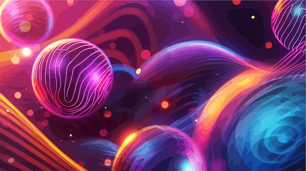 una ilustración colorida de un planeta púrpura con luces púrpuras y naranjas
