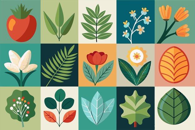 una ilustración colorida de plantas y flores con hojas y flores