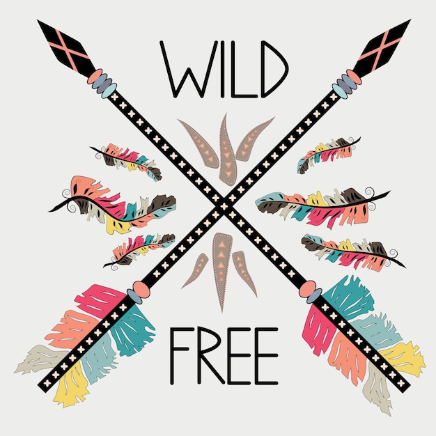 Ilustración colorida con plumas de flechas étnicas cruzadas y adornos tribales Estilo boho y hippie Motivos indios americanos Cartel salvaje y libre
