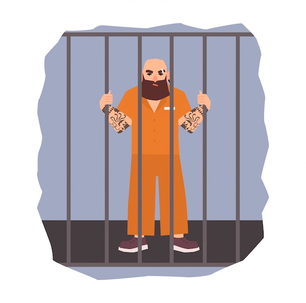 Ilustración colorida con prisionero masculino bajo arresto. Hombre enojado con celda de hierro. Ilustración plana