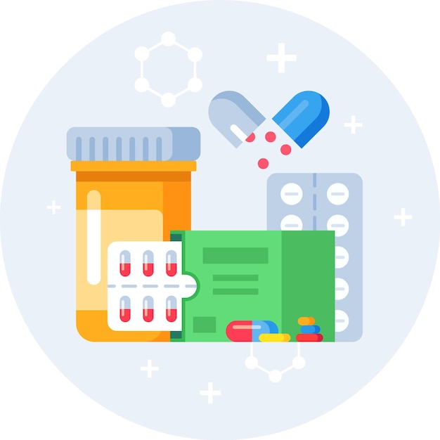 Ilustración colorida que muestra varias formas de medicamentos, incluidos envases de ampollas, frascos de pastillas y pastillas sueltas que simbolizan la industria farmacéutica y la atención médica