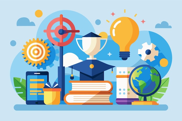 Una ilustración colorida que muestra varios símbolos de éxito y logro, incluida una gorra de graduación, un trofeo, libros, una bombilla, un globo solar y un teléfono inteligente.