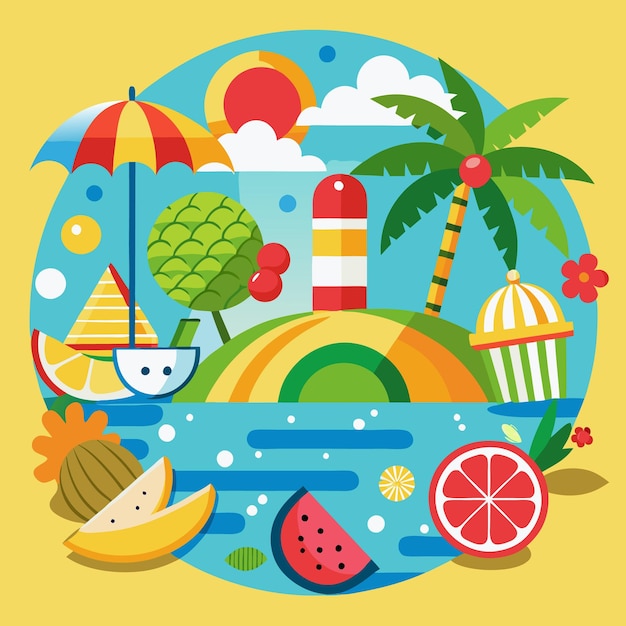 Una ilustración colorida que representa una escena de playa de verano con un árbol de palma, un paraguas, frutas de faro y un barco