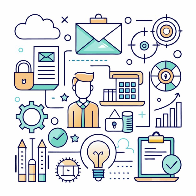 Una ilustración colorida que representa una variedad de conceptos de negocios y tecnología, incluida una persona, un edificio, una nube, una bombilla, una cerradura, engranajes, lápices, una lista de comprobación y un gráfico.