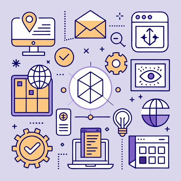 Una ilustración colorida que representa varios iconos relacionados con el marketing digital, como una computadora, un globo, una bombilla y un engranaje