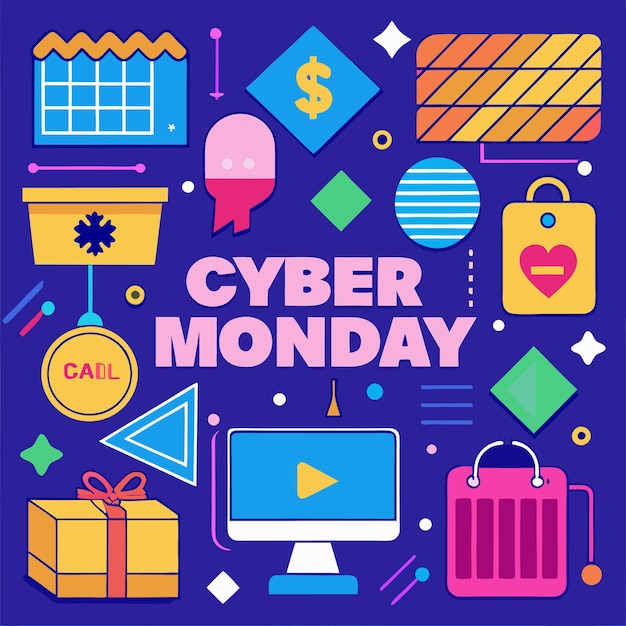 Una ilustración colorida que representa la venta del lunes cibernético con bolsas de compras para computadoras, cajas de regalos y varios elementos geométricos
