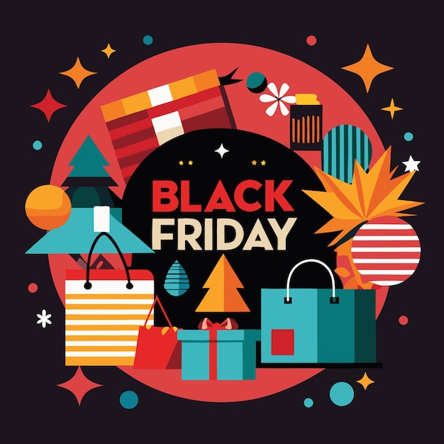 Una ilustración colorida que representa la venta del Viernes Negro con bolsas de compras, regalos y etiquetas de venta