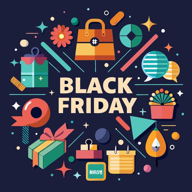 Ilustración colorida con regalos de bolsas de compras y otros iconos para la venta del Viernes Negro