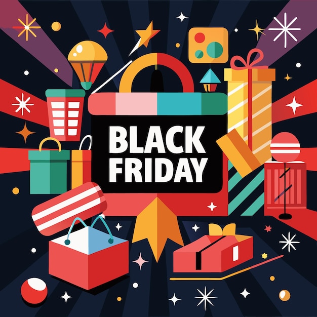 Una ilustración colorida de regalos y bolsas de compras con las palabras "Black Friday" en el centro