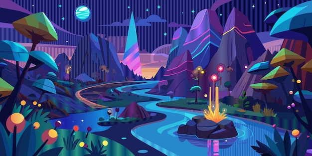 Vector una ilustración colorida de un río con montañas y árboles