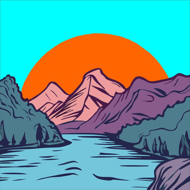 Una ilustración colorida de un río con montañas en el fondo.