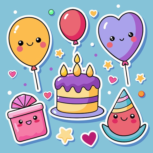 Una ilustración colorida con simpáticos personajes de dibujos animados de un pastel de cumpleaños globos un regalo y un sombrero de fiesta