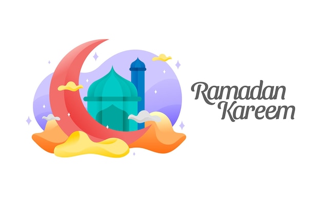 Ilustración colorida simple de Ramadán Kareem con mezquita y luna creciente en el concepto de banner de nubes