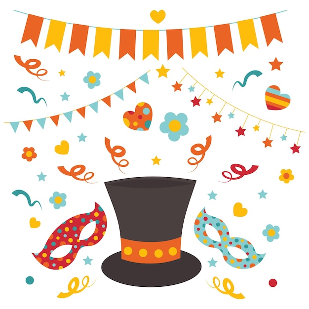 Una ilustración colorida de un sombrero de circo y pancartas festivas con máscaras de teatro mardi gras