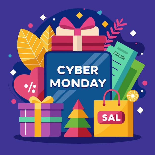Una ilustración colorida de una tableta con el texto "Cyber Monday" en ella rodeada de cajas de regalos bolsas de compras y otros artículos asociados con las compras en línea