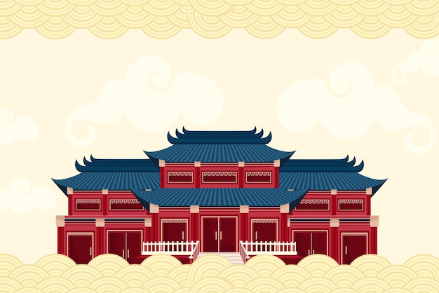 Una ilustración colorida de un templo tradicional chino con una fachada roja y un techo de azulejos azules
