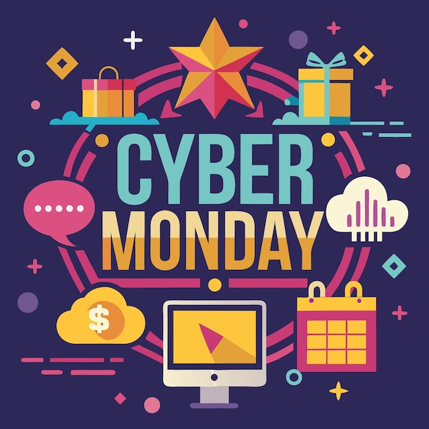 Ilustración colorida con texto citadoCyber Monday citado rodeado de iconos como cajas de regalos bolsas de compras una computadora una nube con un signo de dólar un calendario una estrella y una burbuja de habla