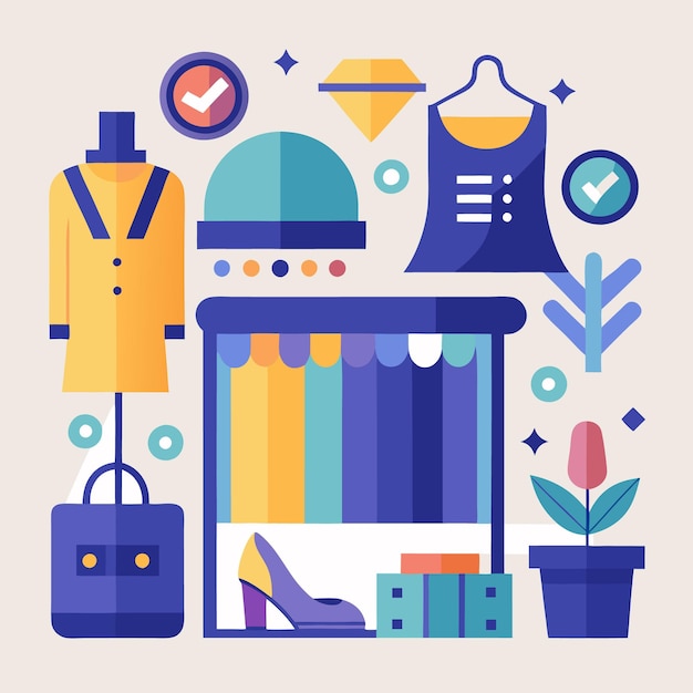 Una ilustración colorida de una tienda con ropa zapatos un bolso un sombrero una olla de flores y una planta y marcas de comprobación
