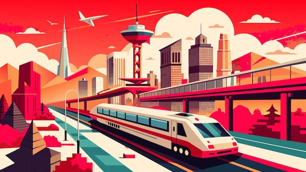 Vector una ilustración colorida de un tren que pasa por una ciudad