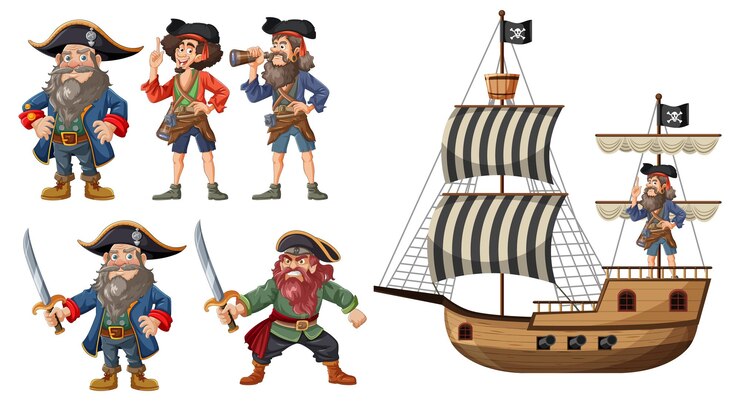 Ilustración colorida de la tripulación de piratas y el barco