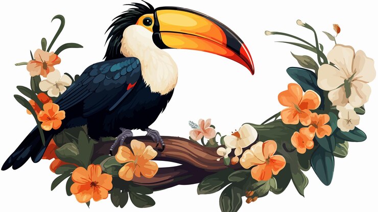 Vector una ilustración colorida de un tucano en una rama con flores y un pájaro en ella