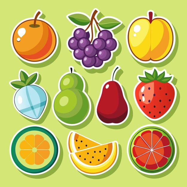 Una ilustración colorida de varias frutas, incluidas una uva naranja, una manzana, una pera de fresa y una sandía