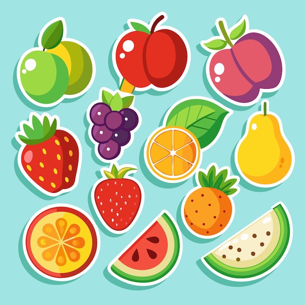 Una ilustración colorida de varias frutas sobre un fondo azul claro