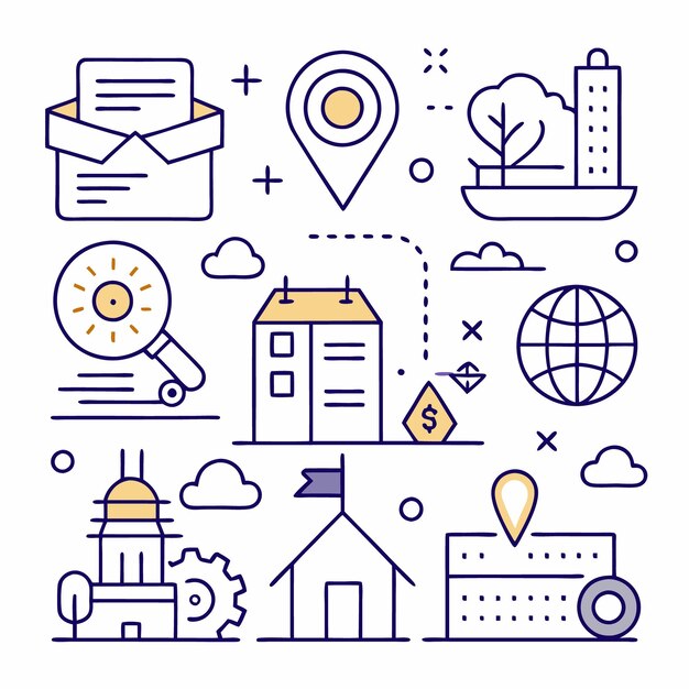 Una ilustración colorida de varias iconas relacionadas con la ciudad y los viajes