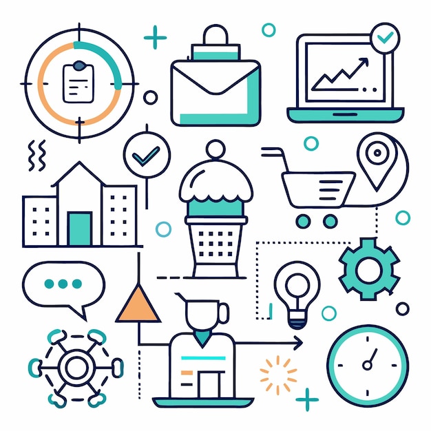 Una ilustración colorida con una variedad de iconos relacionados con los negocios y la tecnología, incluido un objetivo, un maletín, una computadora portátil, un edificio, un carrito de compras, un engranaje, una bombilla y un reloj.