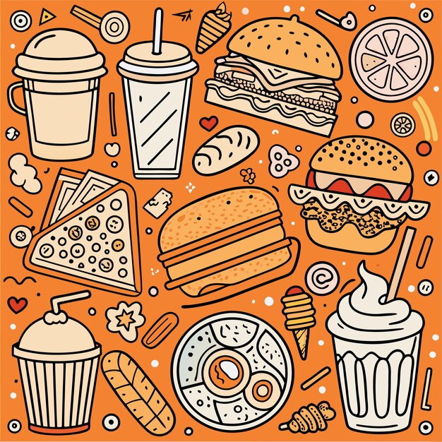 Una ilustración colorida de varios alimentos y bebidas sobre un fondo naranja