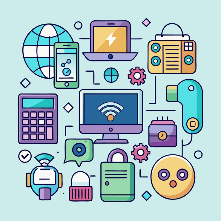 Vector ilustración colorida de varios aparatos y dispositivos conectados entre sí