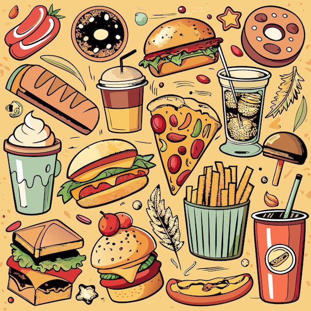Ilustración colorida de varios artículos de comida rápida como hamburguesas, pizza, papas fritas, rosquillas y perritos calientes