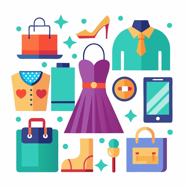 Una ilustración colorida de varios artículos de compras, incluida ropa, bolsas de zapatos y un teléfono contra un fondo blanco