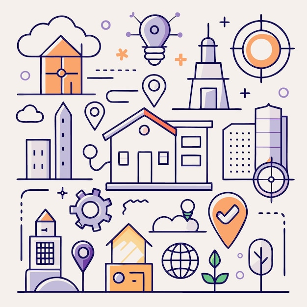 Una ilustración colorida con varios iconos de línea que representan la idea de un mercado inmobiliario