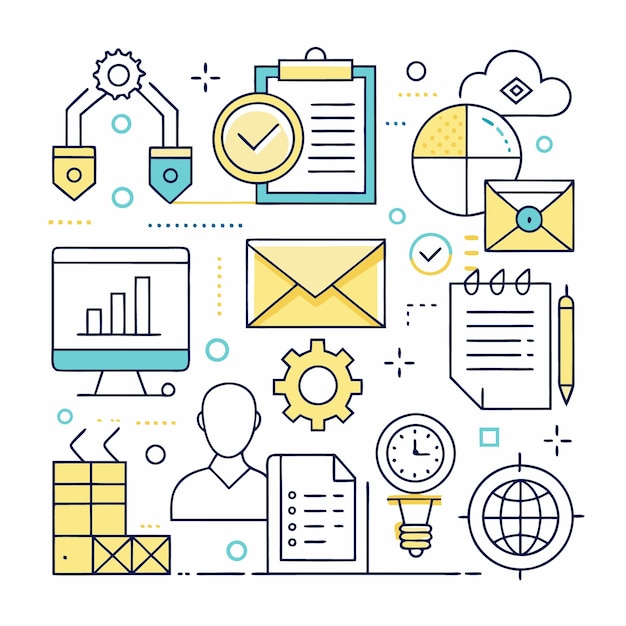Una ilustración colorida de varios iconos de negocios, incluida una lista de verificación, un gráfico de correo electrónico, un reloj y una bombilla