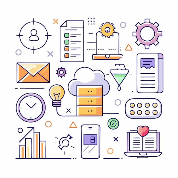 Una ilustración colorida de varios iconos de negocios y tecnología, incluido un reloj de teléfono de engranaje en la nube y una bombilla