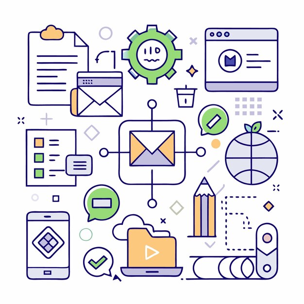 Una ilustración colorida con varios iconos que representan la tecnología de comunicación digital y la productividad