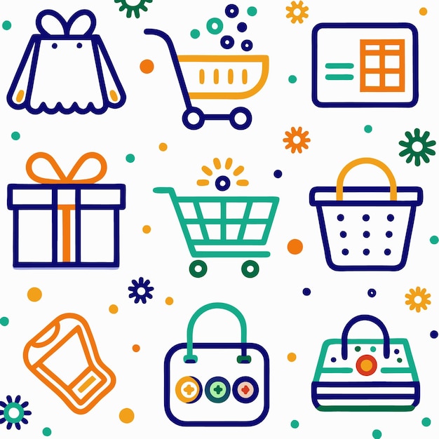 Ilustración colorida de varios iconos relacionados con las compras, incluida una bolsa de compras, una caja de regalos para el carrito de compras y más.