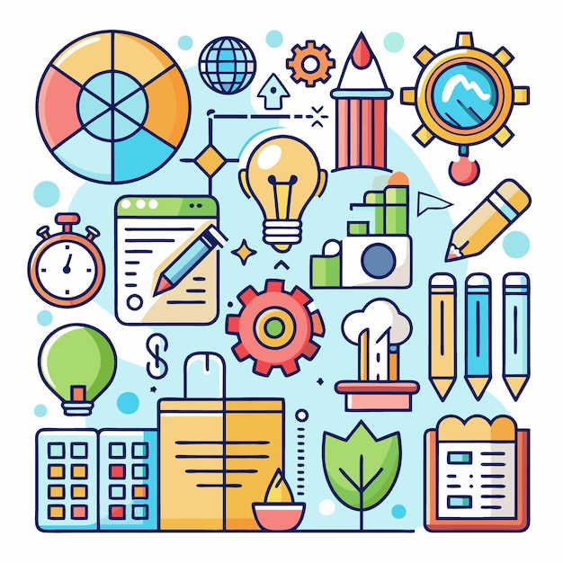 Ilustración colorida con varios iconos relacionados con la educación empresarial y la tecnología