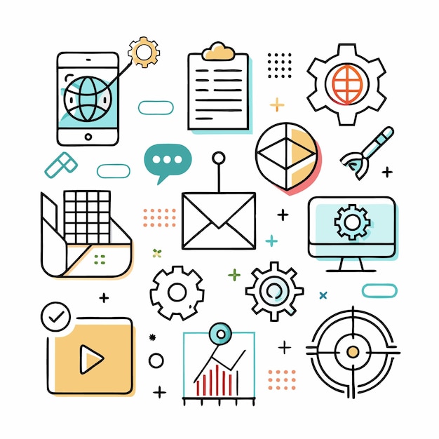 Una ilustración colorida con varios iconos relacionados con el marketing digital y el negocio en línea