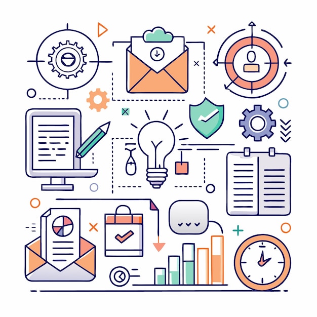 Una ilustración colorida con varios iconos relacionados con la productividad empresarial y la mejora de los procesos