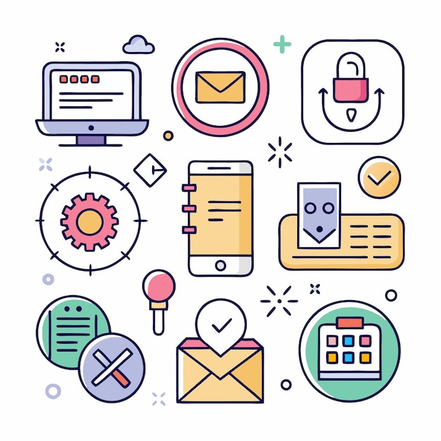 Una ilustración colorida de varios iconos relacionados con la tecnología de la comunicación y los negocios