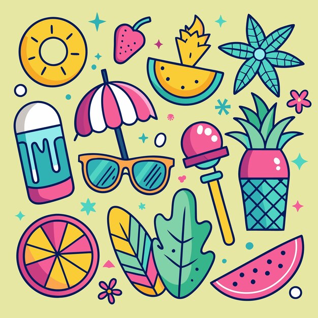 Una ilustración colorida de varios íconos de verano, incluida una rebanada de sandía, unas gafas de sol de piña, un paraguas de playa y una rebaja de naranja.