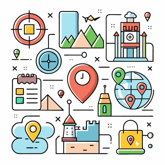Una ilustración colorida de varios iconos de viaje, incluido un mapa de brújula, un globo horario y más