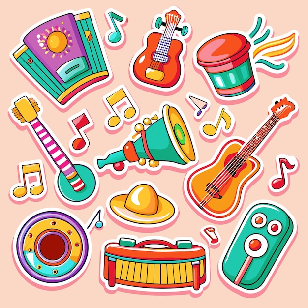 Ilustración colorida de varios instrumentos musicales, dispositivos de sonido y notas musicales sobre un fondo de melocotón