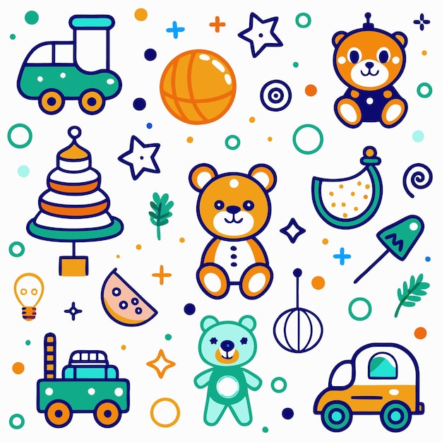 Ilustración colorida de varios juguetes para niños