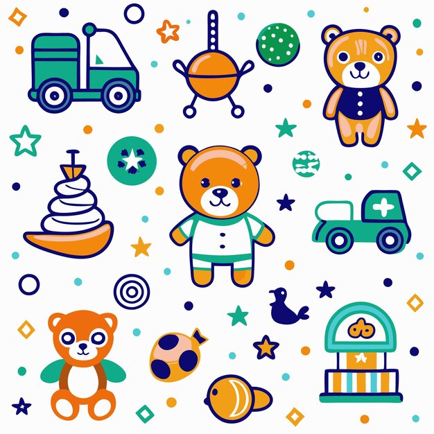Ilustración colorida de varios juguetes y objetos para niños