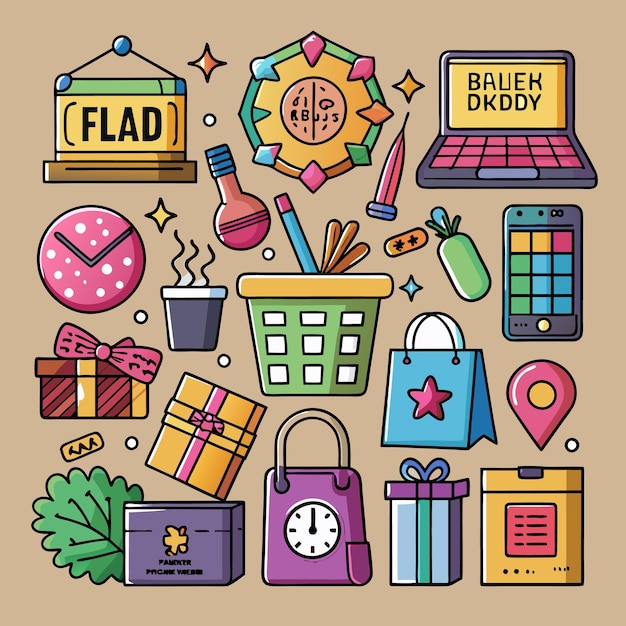 Ilustración colorida con varios objetos como un reloj un regalo una bolsa de compras una canasta un portátil un teléfono una planta una taza de café un lápiz una pegatina y un alfiler