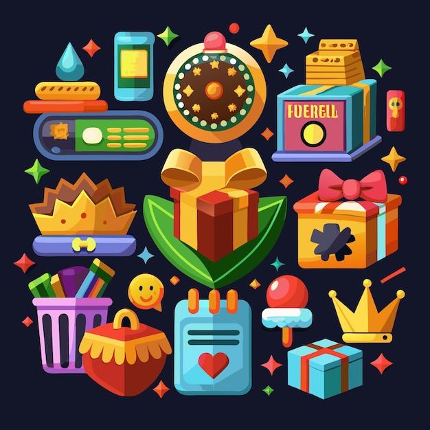 Una ilustración colorida con varios objetos, incluida una caja de regalos, una corona, un teléfono, un contenedor, una piruleta y más.